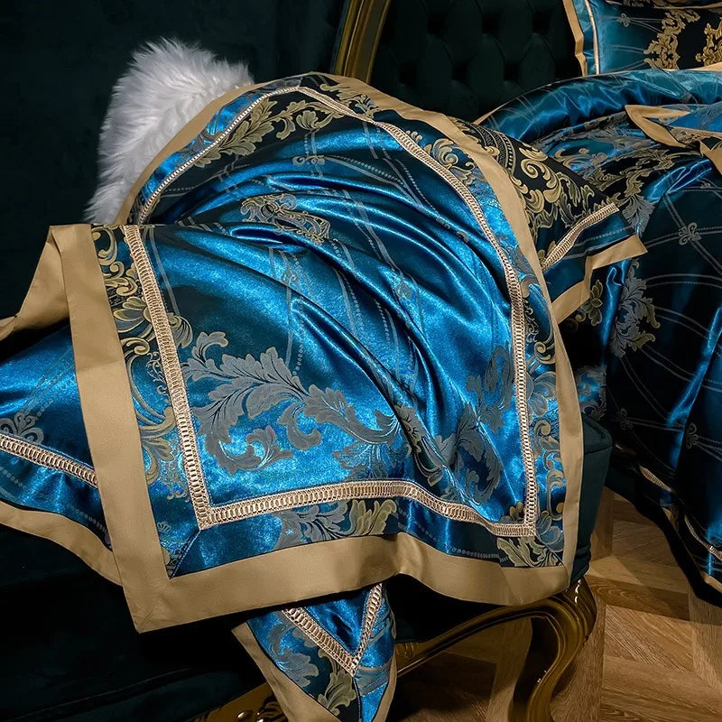 Experience Opulent Slumber with our Grey Blue Satin Jacquard Cotton Duvet Cover Set: A Luxury Silky Soft Bedding - Elevate Your Sleep Sanctuary with This Exquisite 4-Piece Collection!