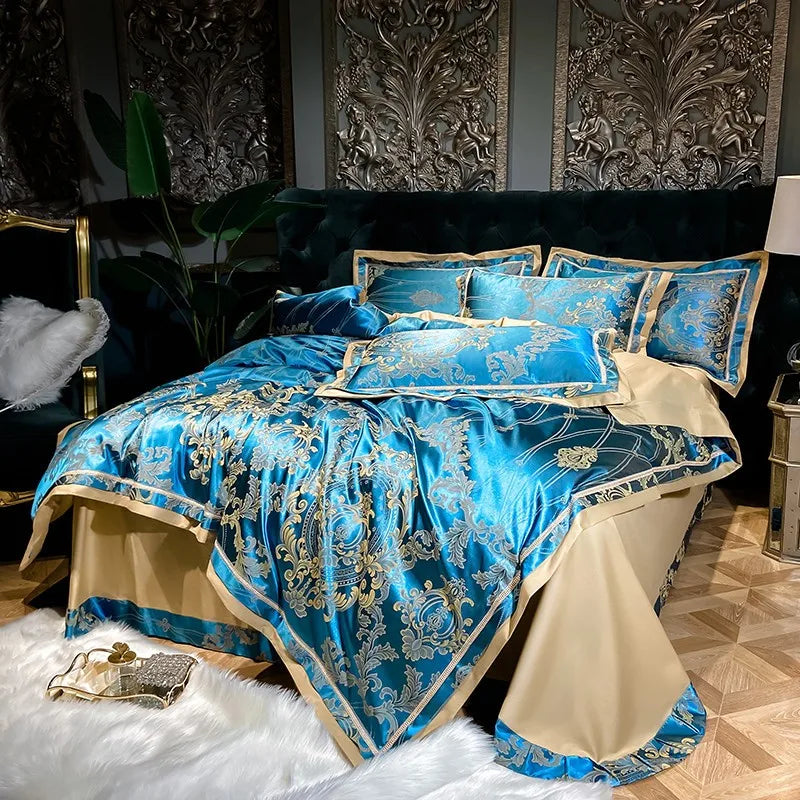 Experience Opulent Slumber with our Grey Blue Satin Jacquard Cotton Duvet Cover Set: A Luxury Silky Soft Bedding - Elevate Your Sleep Sanctuary with This Exquisite 4-Piece Collection!