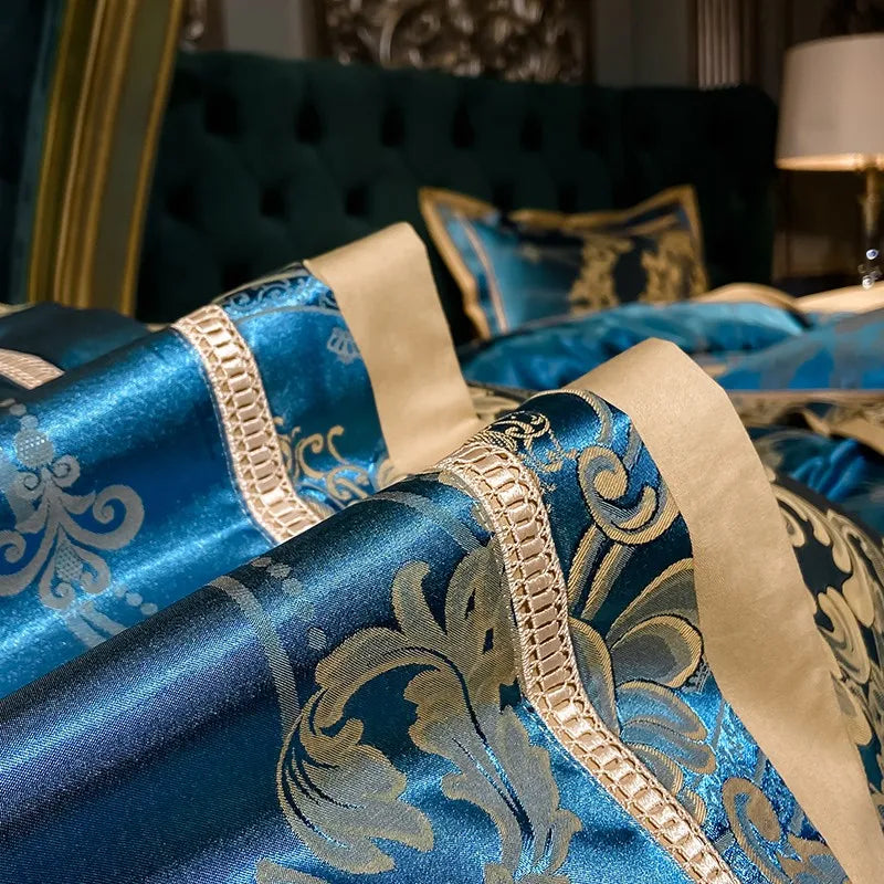 Experience Opulent Slumber with our Grey Blue Satin Jacquard Cotton Duvet Cover Set: A Luxury Silky Soft Bedding - Elevate Your Sleep Sanctuary with This Exquisite 4-Piece Collection!