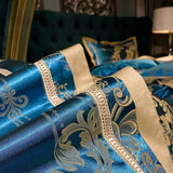 Experience Opulent Slumber with our Grey Blue Satin Jacquard Cotton Duvet Cover Set: A Luxury Silky Soft Bedding - Elevate Your Sleep Sanctuary with This Exquisite 4-Piece Collection!