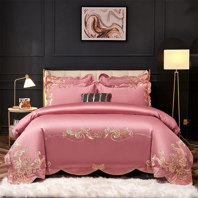 1000 TC Cotton Luxury Embroidery Bedding Set - Pillowcase, Duvet Cover, and Bed Linen Sheet - Double, Queen, and King Size Quilt Covers for Unparalleled Comfort and Elegance!
