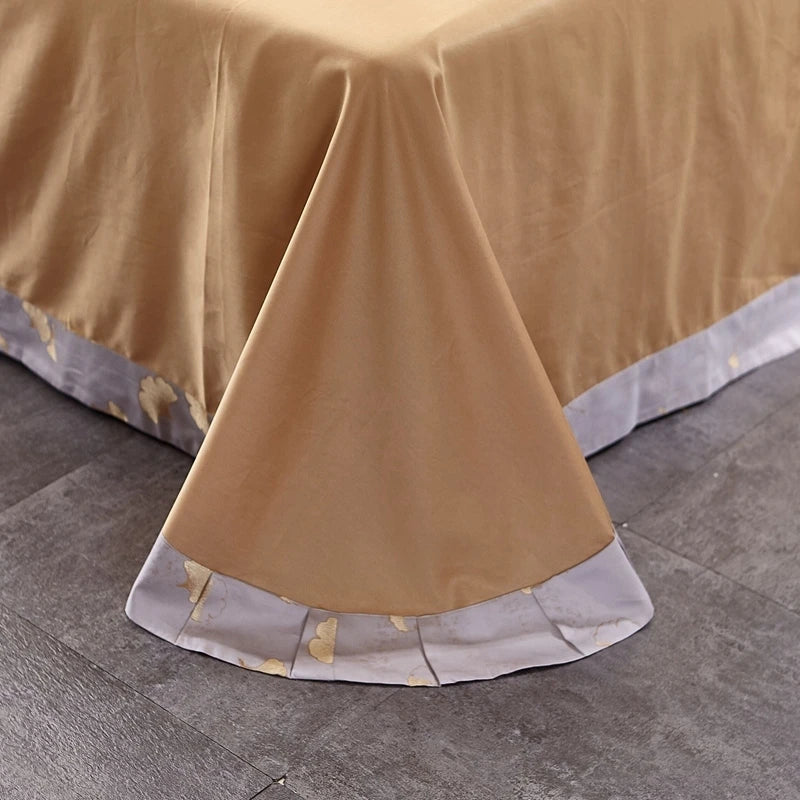 Exquisite Chic Golden Leaves Lace Duvet Cover Grey Luxury Satin Cotton Bedding Set – Elegant Bed Sheet, Quilt Cover, and Pillowcases Included – Available in Queen and King Sizes, 4Pcs for a Regal Night's Sleep!