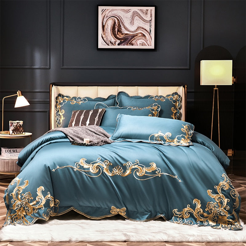 1000 TC Cotton Luxury Embroidery Bedding Set - Pillowcase, Duvet Cover, and Bed Linen Sheet - Double, Queen, and King Size Quilt Covers for Unparalleled Comfort and Elegance!