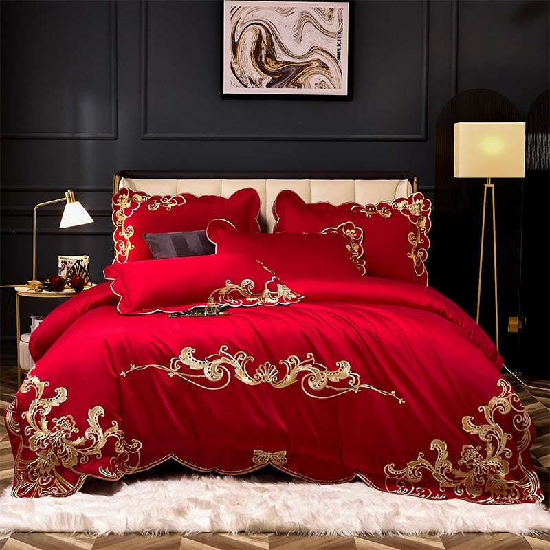 1000 TC Cotton Luxury Embroidery Bedding Set - Pillowcase, Duvet Cover, and Bed Linen Sheet - Double, Queen, and King Size Quilt Covers for Unparalleled Comfort and Elegance!