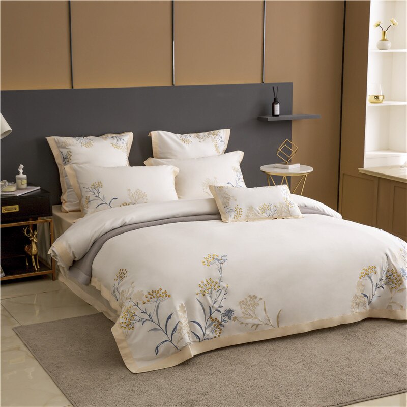 Exquisite 60S Egyptian Cotton Embroidered Bedding Set - King Size Bed Sheet, Pillowcase, and Duvet Cover Set 4pcs - Perfect for Home and Hotel - Elevate Your Sleep Experience!