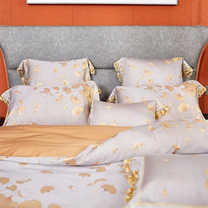 Exquisite Chic Golden Leaves Lace Duvet Cover Grey Luxury Satin Cotton Bedding Set – Elegant Bed Sheet, Quilt Cover, and Pillowcases Included – Available in Queen and King Sizes, 4Pcs for a Regal Night's Sleep!