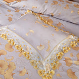 Exquisite Chic Golden Leaves Lace Duvet Cover Grey Luxury Satin Cotton Bedding Set – Elegant Bed Sheet, Quilt Cover, and Pillowcases Included – Available in Queen and King Sizes, 4Pcs for a Regal Night's Sleep!