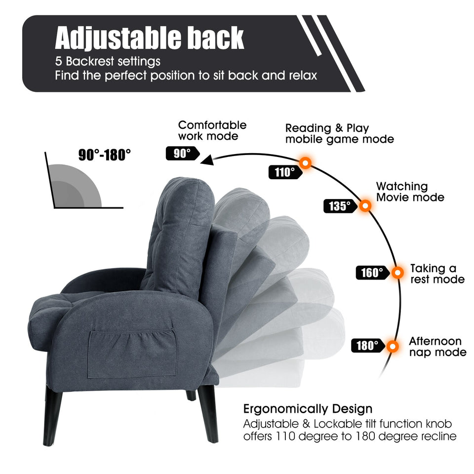 Enhance Your Living Room with our Adjustable Accent Chair with Footrest Storage, Side Pocket, and Reclining Backrest: The Perfect Lounge Chair for Stylish and Organized Living!