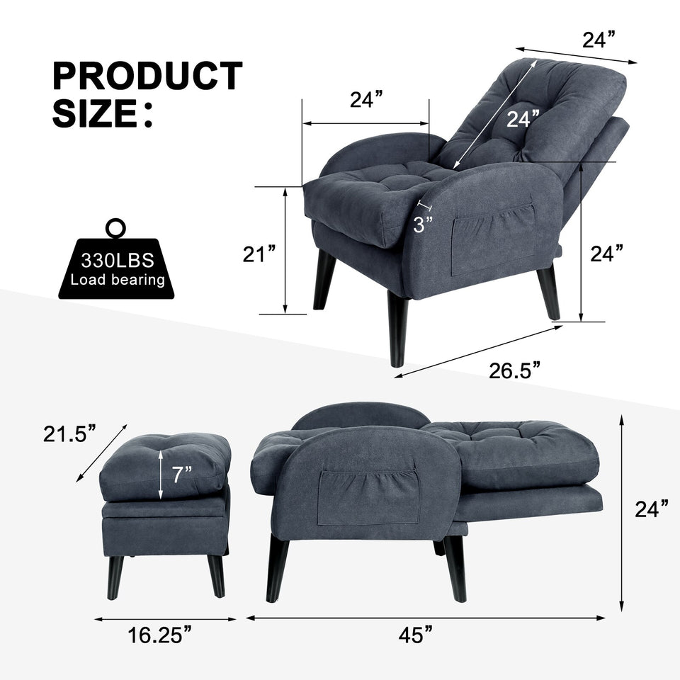 Enhance Your Living Room with our Adjustable Accent Chair with Footrest Storage, Side Pocket, and Reclining Backrest: The Perfect Lounge Chair for Stylish and Organized Living!