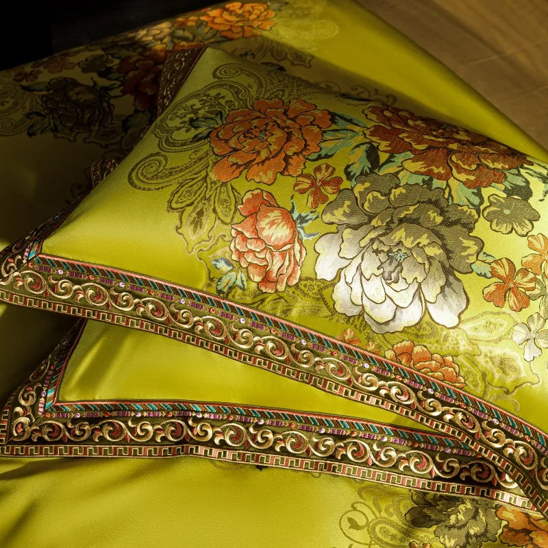 Indulge in Opulence with our High Precision Vintage Jacquard Brocade Egyptian Cotton Luxury Bedding Set – Elegantly Adorned with Peony Flowers: Duvet Cover, Bed Sheet, and Bedspread