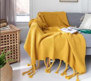 Hand-Knitted Blanket Throw - Fringed, Soft, Green, Yellow, Gray, and Pink - Weighted Blanket for Bed - Cozy Fleece Plaid Throws for Unmatched Comfort!