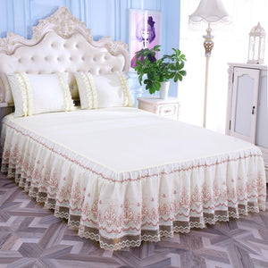Create a Romantic Oasis with our Bloom Pattern Solid Color Bed Skirt - Non-Slip Dust Ruffle for Queen Size Bedspread - Luxurious Bed Skirt for a Stylish Bedroom