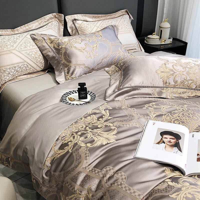 Royal Damask Duvet Cover Set – Grey Gold, Double King Size, Luxury Bed Linen