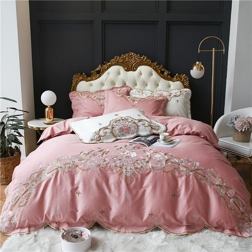 NEW Indulge in Luxury with our 100S Egyptian Cotton Flowers Embroidery Bedding Set - Includes Duvet Cover, Pillowcases, and Fitted Sheet for the Ultimate Comfort and Style Upgrade in Your Bedroom