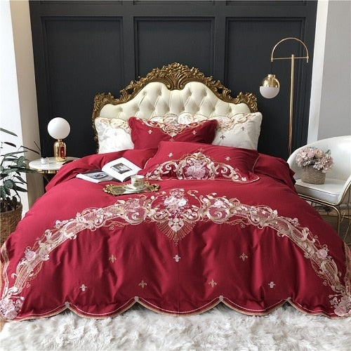 NEW Indulge in Luxury with our 100S Egyptian Cotton Flowers Embroidery Bedding Set - Includes Duvet Cover, Pillowcases, and Fitted Sheet for the Ultimate Comfort and Style Upgrade in Your Bedroom