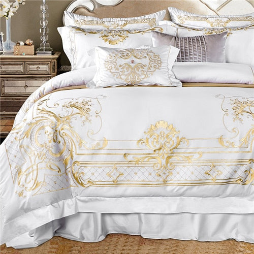 White Egyptian Cotton Bedding Set US King Queen Size Golden Embroidery Bedding Super Soft Bed Sheet Set