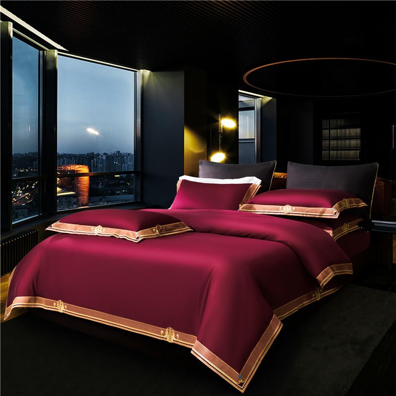 Ruby Red Premium High End 1000 Thread Count Egyptian Cotton 4Pcs Queen/King Bedding Set Embroidery Duvet cover 1 Bed Sheet 2 Pillowcases