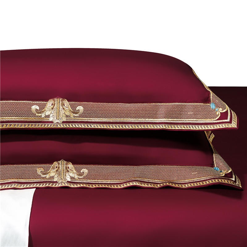 Ruby Red Premium High End 1000 Thread Count Egyptian Cotton 4Pcs Queen/King Bedding Set Embroidery Duvet cover 1 Bed Sheet 2 Pillowcases