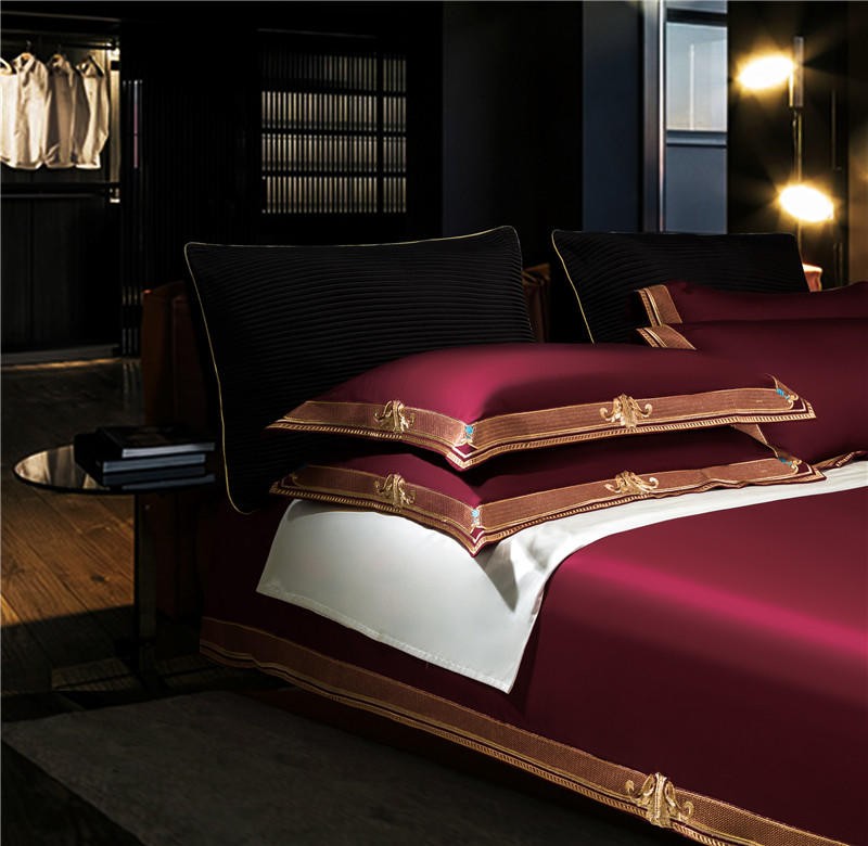 Ruby Red Premium High End 1000 Thread Count Egyptian Cotton 4Pcs Queen/King Bedding Set Embroidery Duvet cover 1 Bed Sheet 2 Pillowcases