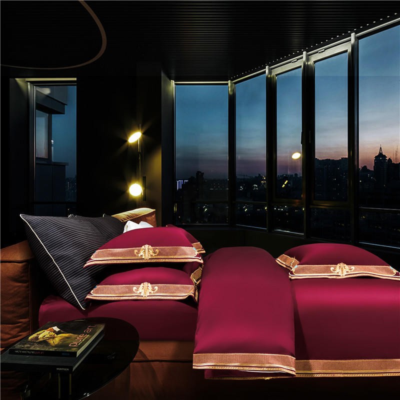 Ruby Red Premium High End 1000 Thread Count Egyptian Cotton 4Pcs Queen/King Bedding Set Embroidery Duvet cover 1 Bed Sheet 2 Pillowcases