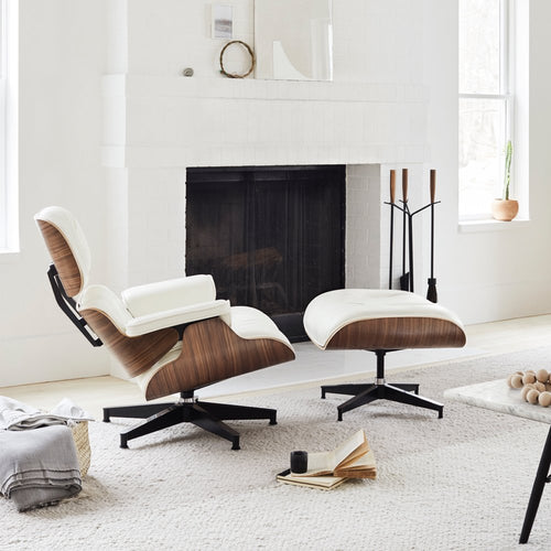 White & Walnut Classic Lounge Armchair With Footrest Genuine Leather Lounge Chair Aluminum Leg