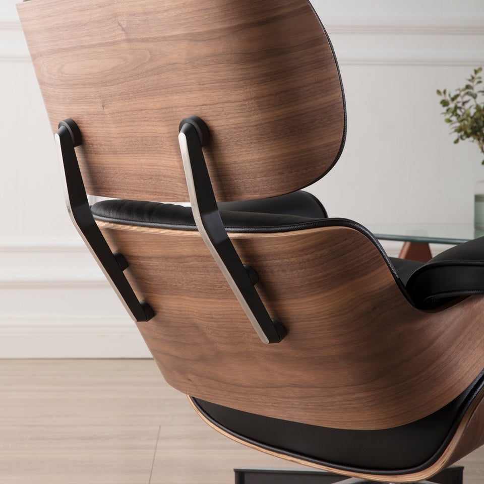NEW Modern Lounge Chair & Ottoman - Black Walnut Wood, Real Leather, Heavy Duty Base Support Recliner
