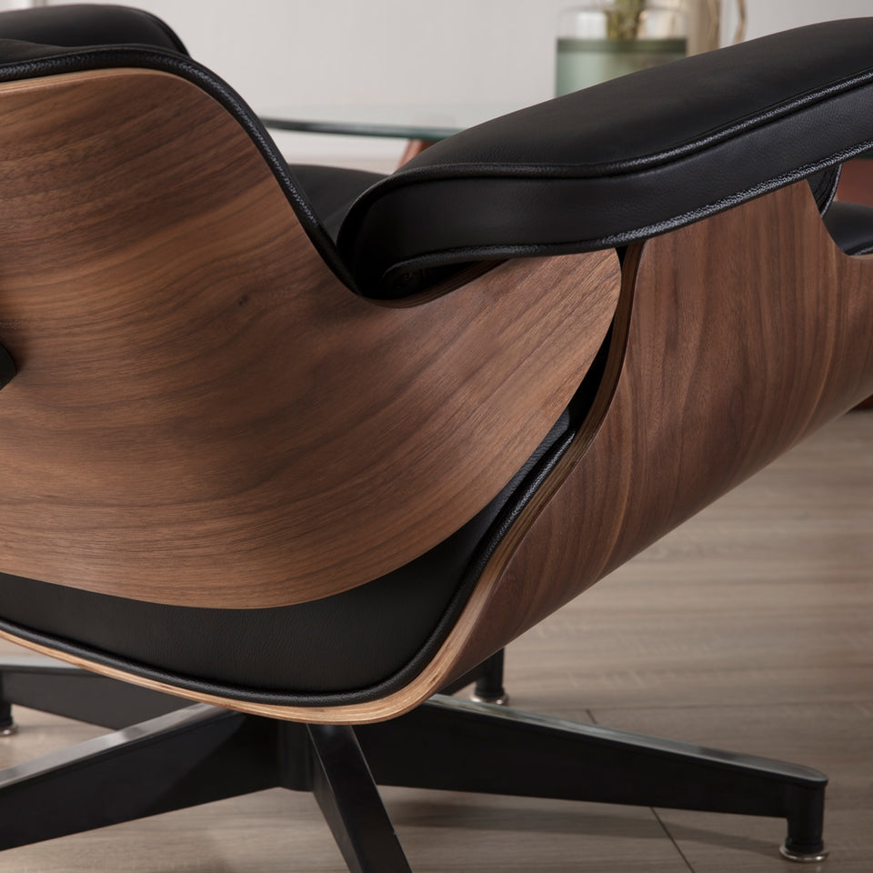 NEW Modern Lounge Chair & Ottoman - Black Walnut Wood, Real Leather, Heavy Duty Base Support Recliner