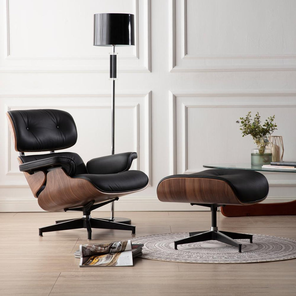 NEW Modern Lounge Chair & Ottoman - Black Walnut Wood, Real Leather, Heavy Duty Base Support Recliner