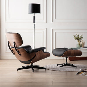 NEW Modern Lounge Chair & Ottoman - Black Walnut Wood, Real Leather, Heavy Duty Base Support Recliner