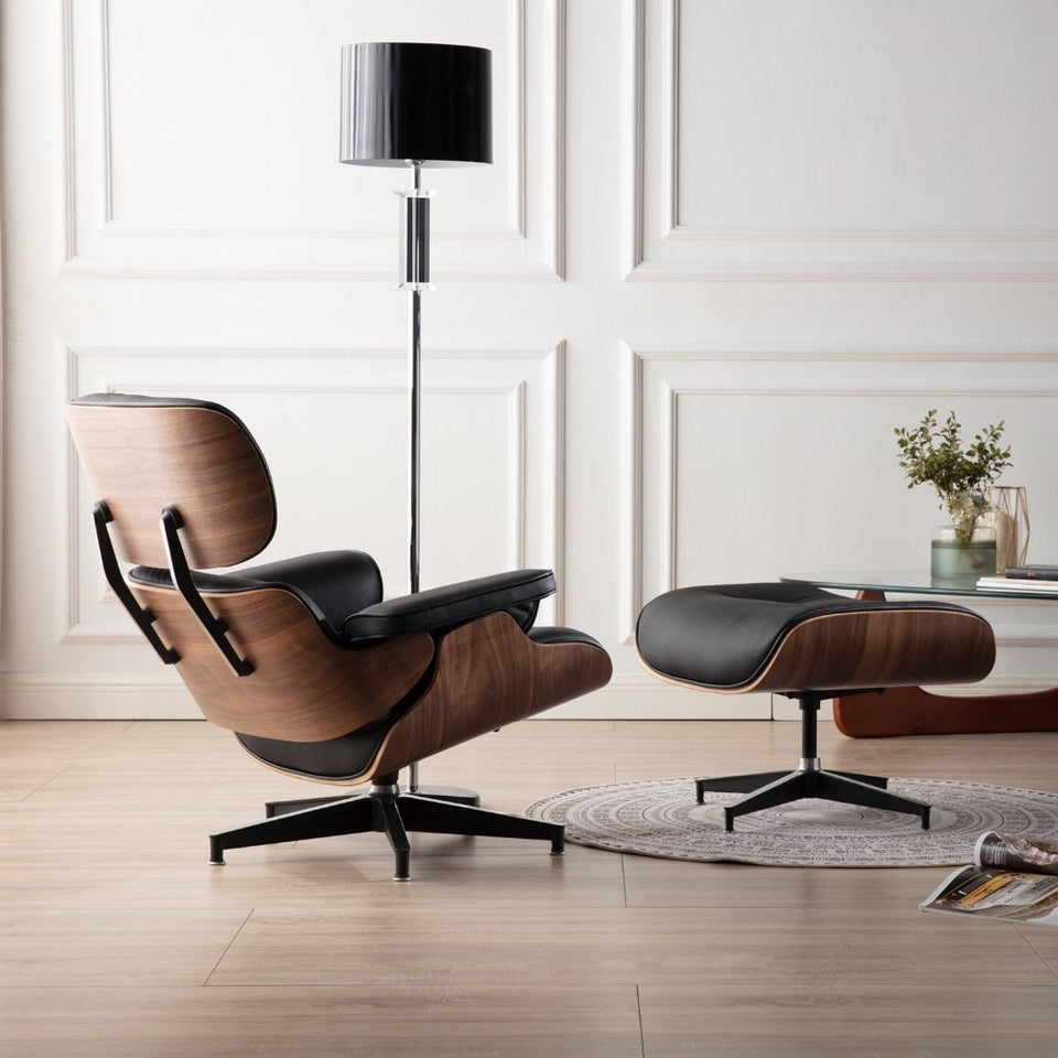 NEW Modern Lounge Chair & Ottoman - Black Walnut Wood, Real Leather, Heavy Duty Base Support Recliner