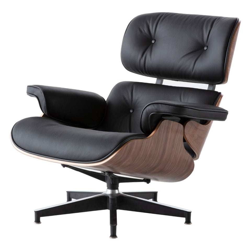 NEW Modern Lounge Chair & Ottoman - Black Walnut Wood, Real Leather, Heavy Duty Base Support Recliner
