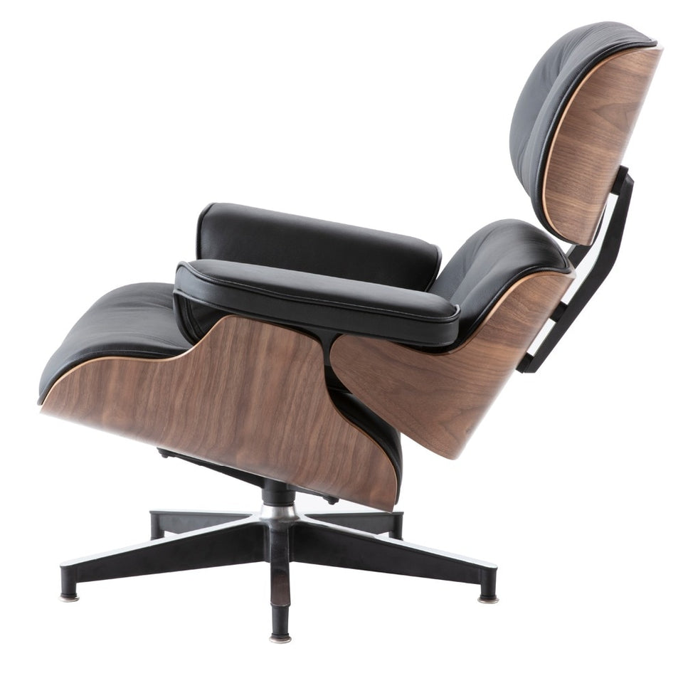NEW Modern Lounge Chair & Ottoman - Black Walnut Wood, Real Leather, Heavy Duty Base Support Recliner