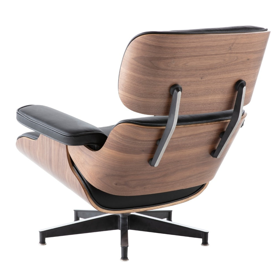 NEW Modern Lounge Chair & Ottoman - Black Walnut Wood, Real Leather, Heavy Duty Base Support Recliner