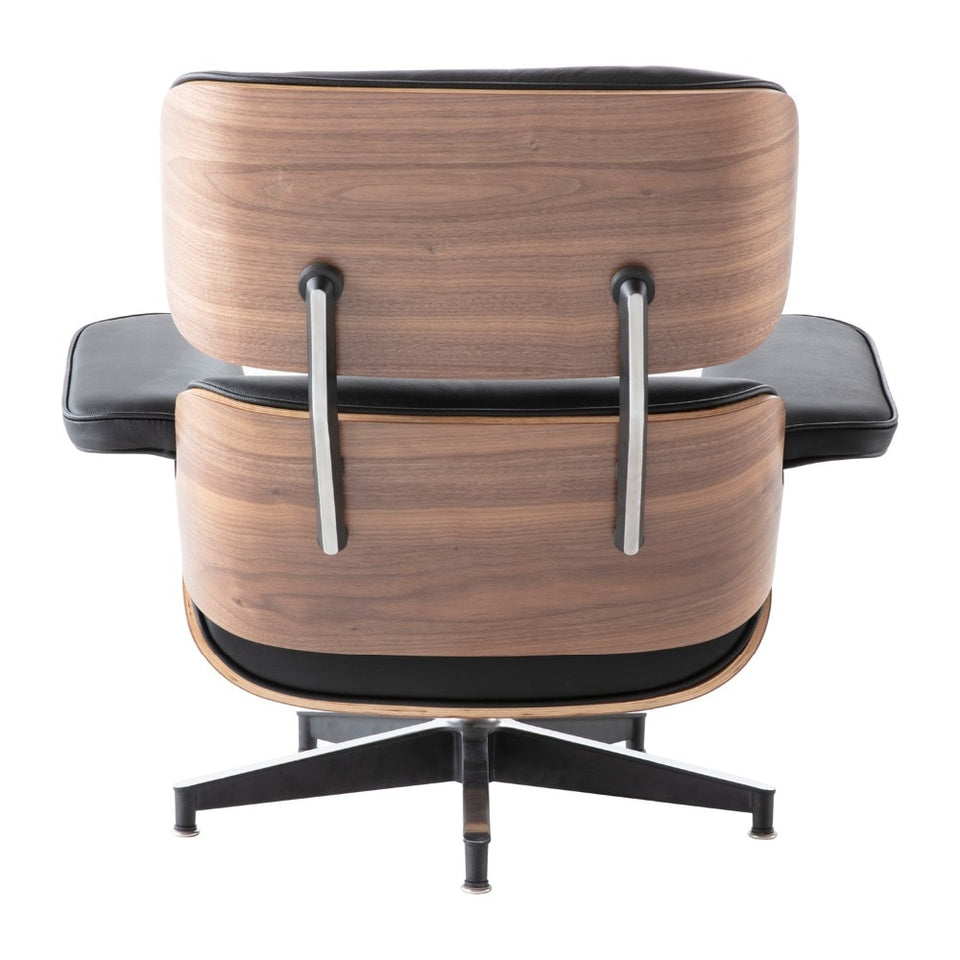 NEW Modern Lounge Chair & Ottoman - Black Walnut Wood, Real Leather, Heavy Duty Base Support Recliner