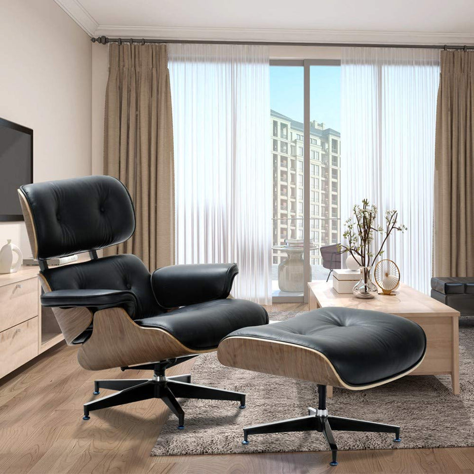 NEW Modern Lounge Chair & Ottoman - Black Walnut Wood, Real Leather, Heavy Duty Base Support Recliner