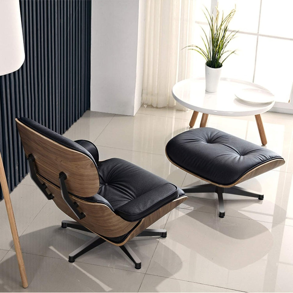 NEW Modern Lounge Chair & Ottoman - Black Walnut Wood, Real Leather, Heavy Duty Base Support Recliner
