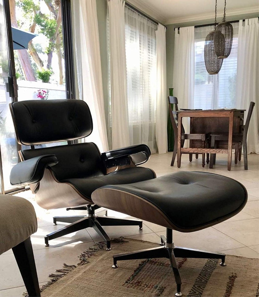 NEW Modern Lounge Chair & Ottoman - Black Walnut Wood, Real Leather, Heavy Duty Base Support Recliner