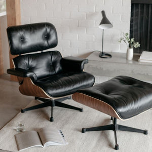 NEW Experience Ultimate Comfort and Style with REG Rosewood and Black Genuine Leather Classic Lounge Chair with Ottoman - Your Perfect Leisure Companion with High Quality Aluminum Leg