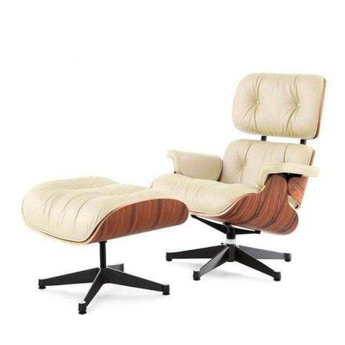 NEW REG Palisander and Cream Classic Lounge Chair with Ottoman: Genuine Leather, Aluminum Leg, Perfect for Relaxation and Comfort