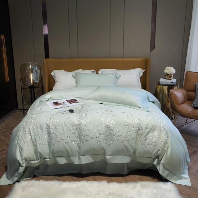 NEW Embroidered White Blossom Duvet Cover Set - 800TC Egyptian Cotton Bedding Set with Soft Sheets & Pillowcases, Queen/King 4Pcs