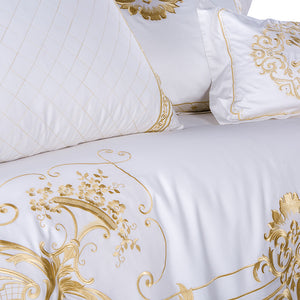 White Egyptian Cotton Bedding Set US King Queen Size Golden Embroidery Bedding Super Soft Bed Sheet Set