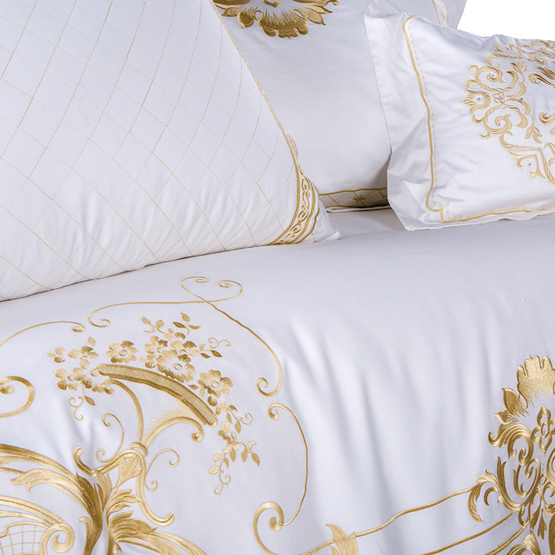 White Egyptian Cotton Bedding Set US King Queen Size Golden Embroidery Bedding Super Soft Bed Sheet Set