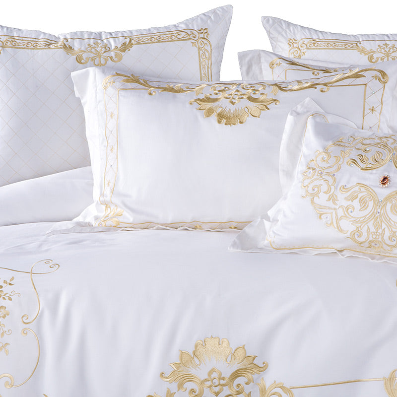 White Egyptian Cotton Bedding Set US King Queen Size Golden Embroidery Bedding Super Soft Bed Sheet Set
