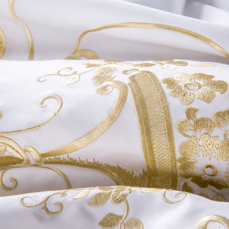 White Egyptian Cotton Bedding Set US King Queen Size Golden Embroidery Bedding Super Soft Bed Sheet Set