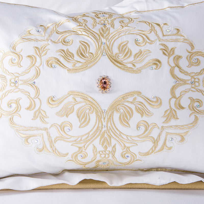 White Egyptian Cotton Bedding Set US King Queen Size Golden Embroidery Bedding Super Soft Bed Sheet Set