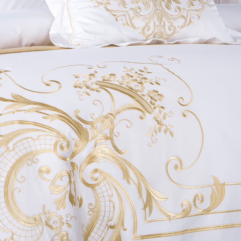 White Egyptian Cotton Bedding Set US King Queen Size Golden Embroidery Bedding Super Soft Bed Sheet Set