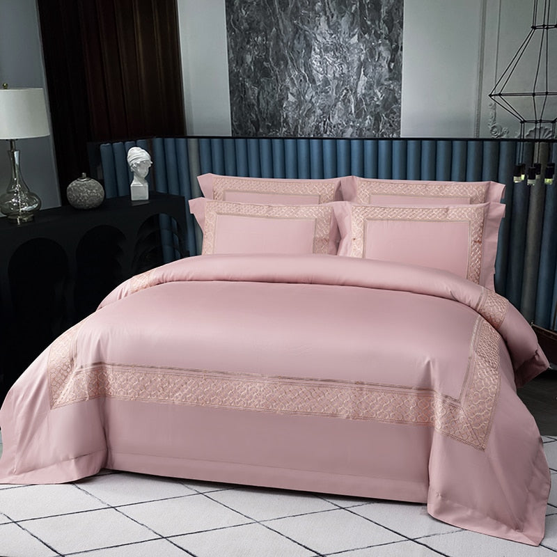 NEW 1400 TC Luxury Pastel Pink Embroidered Cotton Bedding Set with Duvet Cover, Bedsheet, and Pillowcases
