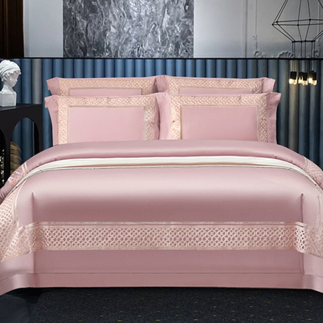 NEW 1400 TC Luxury Pastel Pink Embroidered Cotton Bedding Set with Duvet Cover, Bedsheet, and Pillowcases