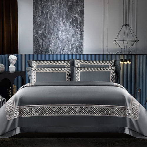 NEW Luxurious 1400 TC Rainy Cloud Gray Embroidered Cotton Bedding Set - Pillowcases, Duvet Cover, Bed Linen Sheets - Double, Queen, King Size Quilt Covers